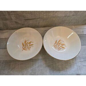 Vintage Homer Laughlin Golden Wheat Pattern Serving Bowls 2 Gold Trim 8.5" MCM